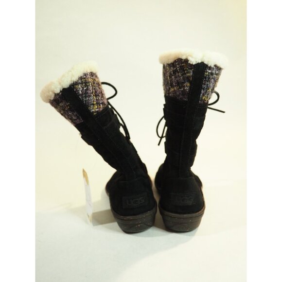 Ugg Black Leather Suede Tweed Cuff Sheepskin Lined Laced Boots, Size 9 (US) - Picture 2 of 12